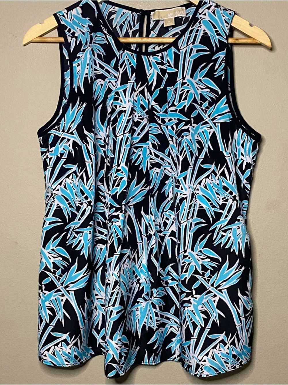 Michael Kors Bamboo Print Sleeveless Shell Blouse Women Medium Black Teal Office